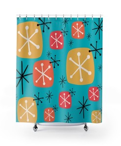 Aqua, Yellow, and Coral Mid Century Modern Retro Shower Curtain with Starburst and Atomic Accents