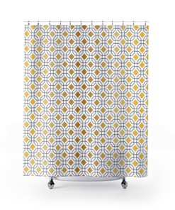 Art Deco Diamond Shower Curtain, Gold and White Bathtub Decor, Luxurious Bathroom Gift