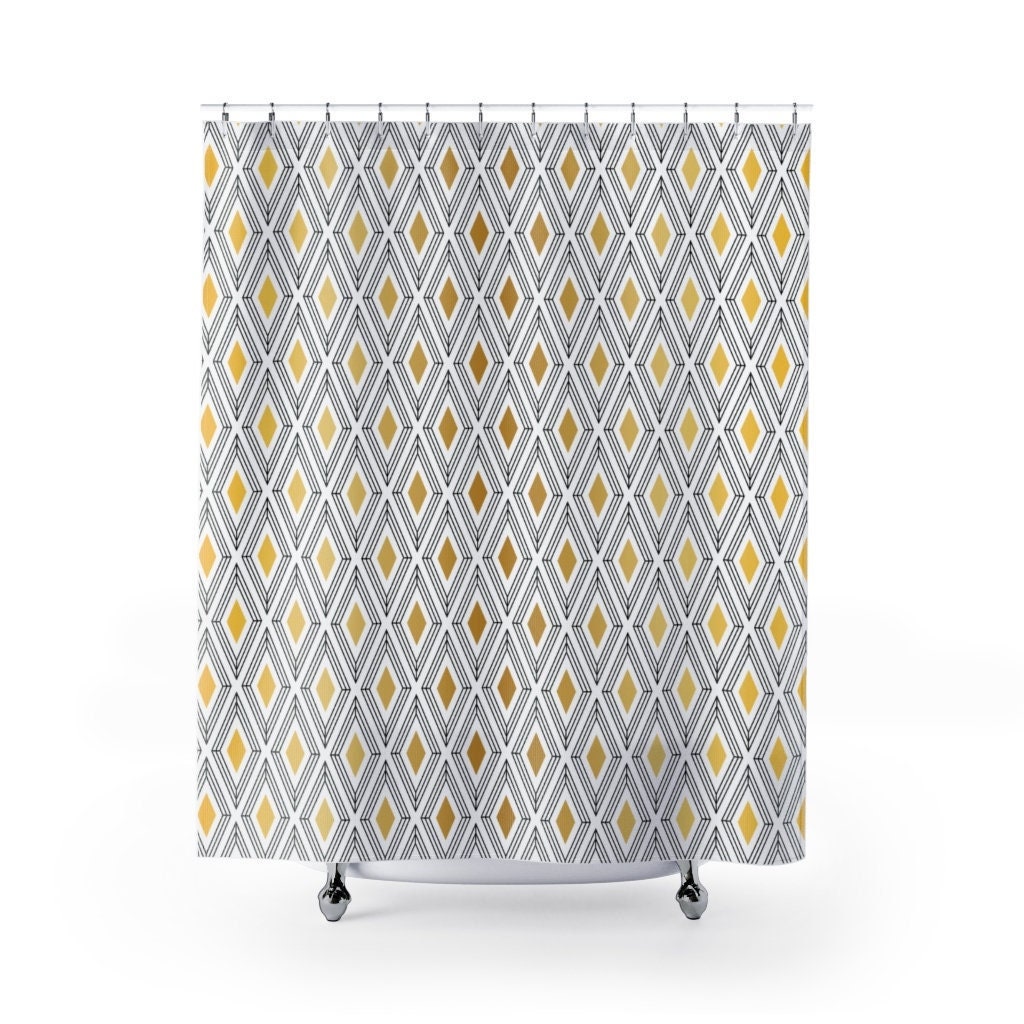 Art Deco Diamond Shower Curtain, Gold and White Bathtub Decor, Unique Housewarming Gift