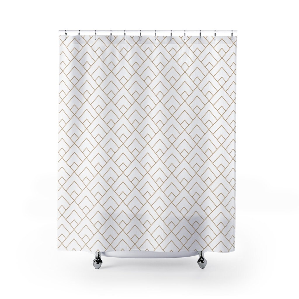 Art Deco Gold & White Tile Shower Curtain | Mid Century Modern Minimalist Style | Luxury Shower Curtains