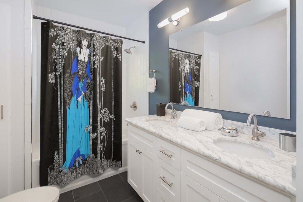 Art Nouveau Aubrey Beardsley Drawing Blue Tint Shower Curtain | Bathroom Decor + Quotes - Image 2