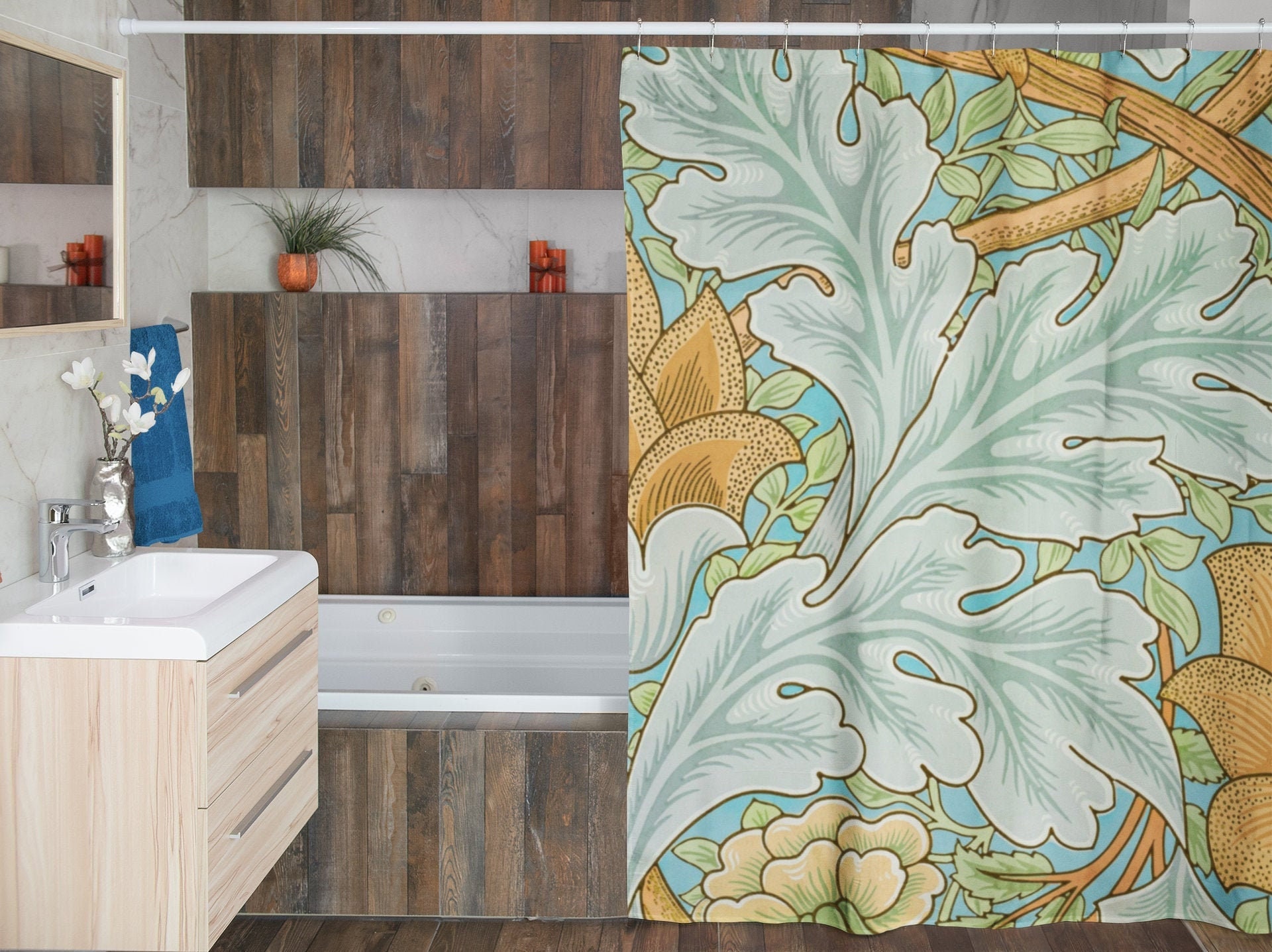 Art Nouveau Floral Patterns Shower Curtain, Eco-Friendly and Waterproof with High-Quality Material and Hooks Included