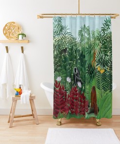 Artistic Boho Shower Curtain with Matisse Illustration and Monkeys - Eco-Friendly and Waterproof