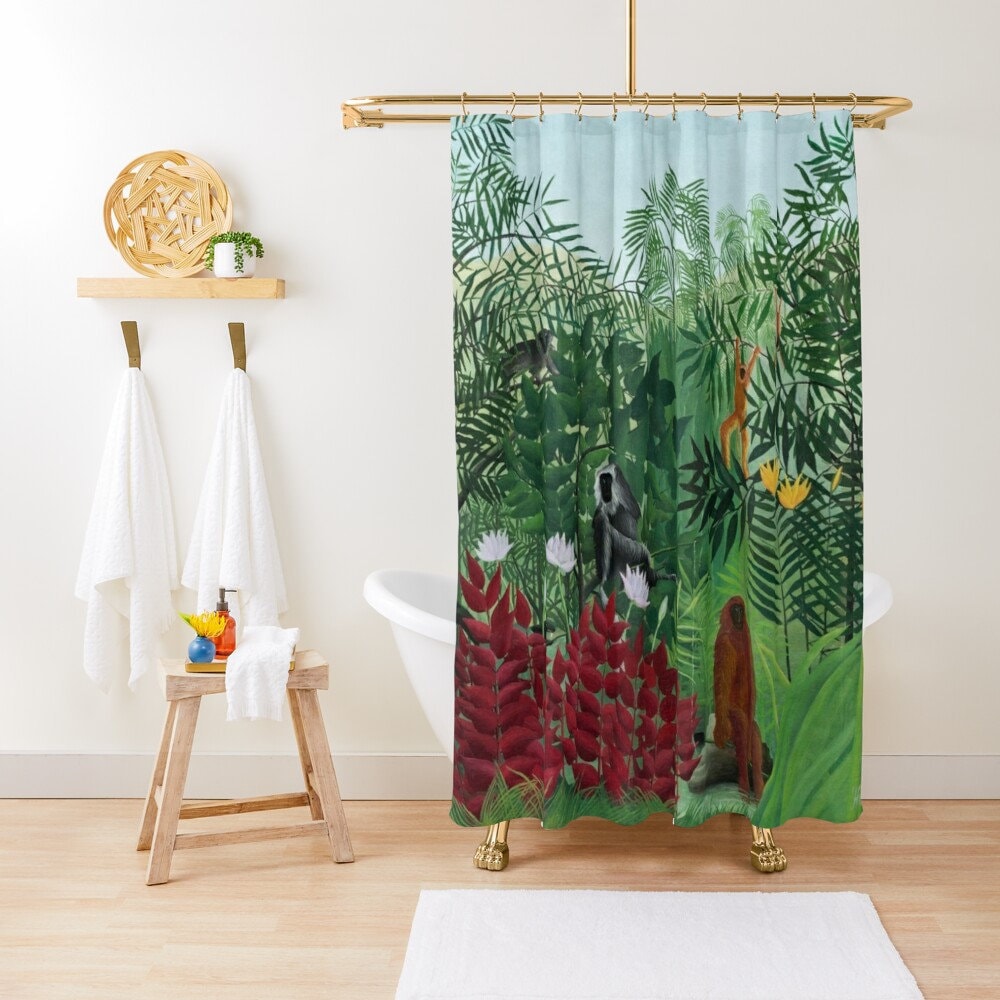 Artistic Boho Shower Curtain with Matisse Illustration and Monkeys - Eco-Friendly and Waterproof