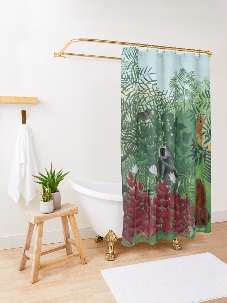 Artistic Boho Shower Curtain with Matisse Illustration and Monkeys - Eco-Friendly and Waterproof - Image 2