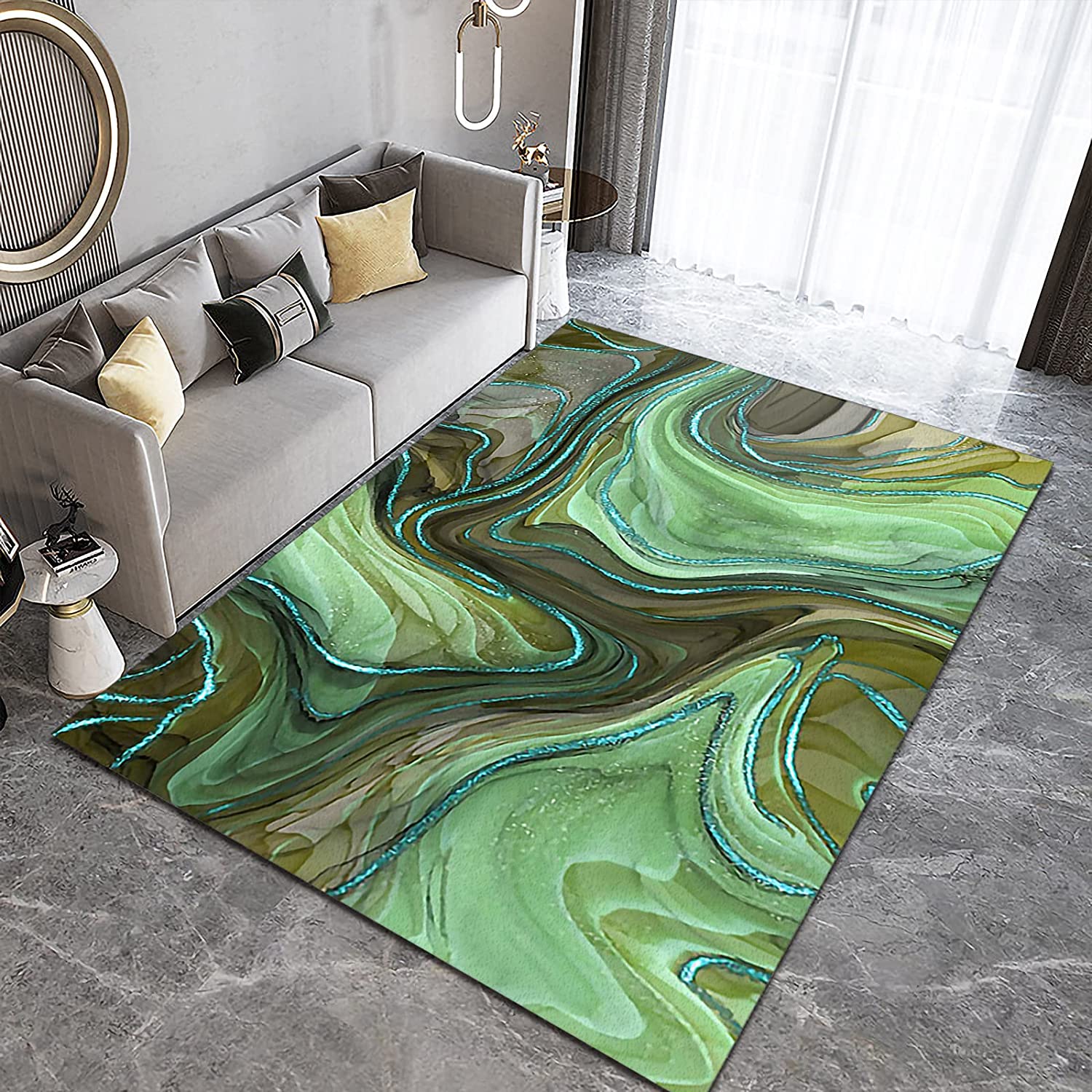 Artistic Green Blue Abstract Marble Texture Area Rug for 70s Style Custom Home Decor