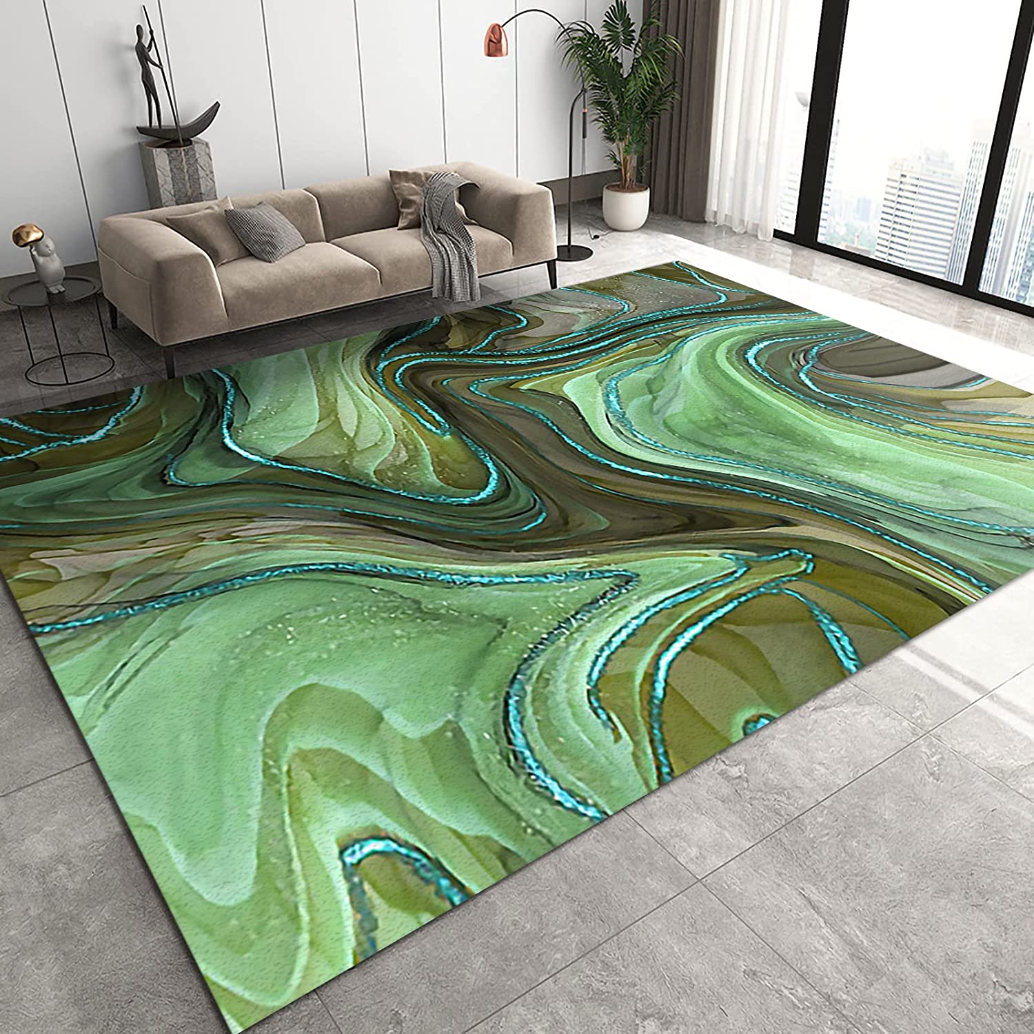 Artistic Green Blue Abstract Marble Texture Area Rug for 70s Style Custom Home Decor - Image 2