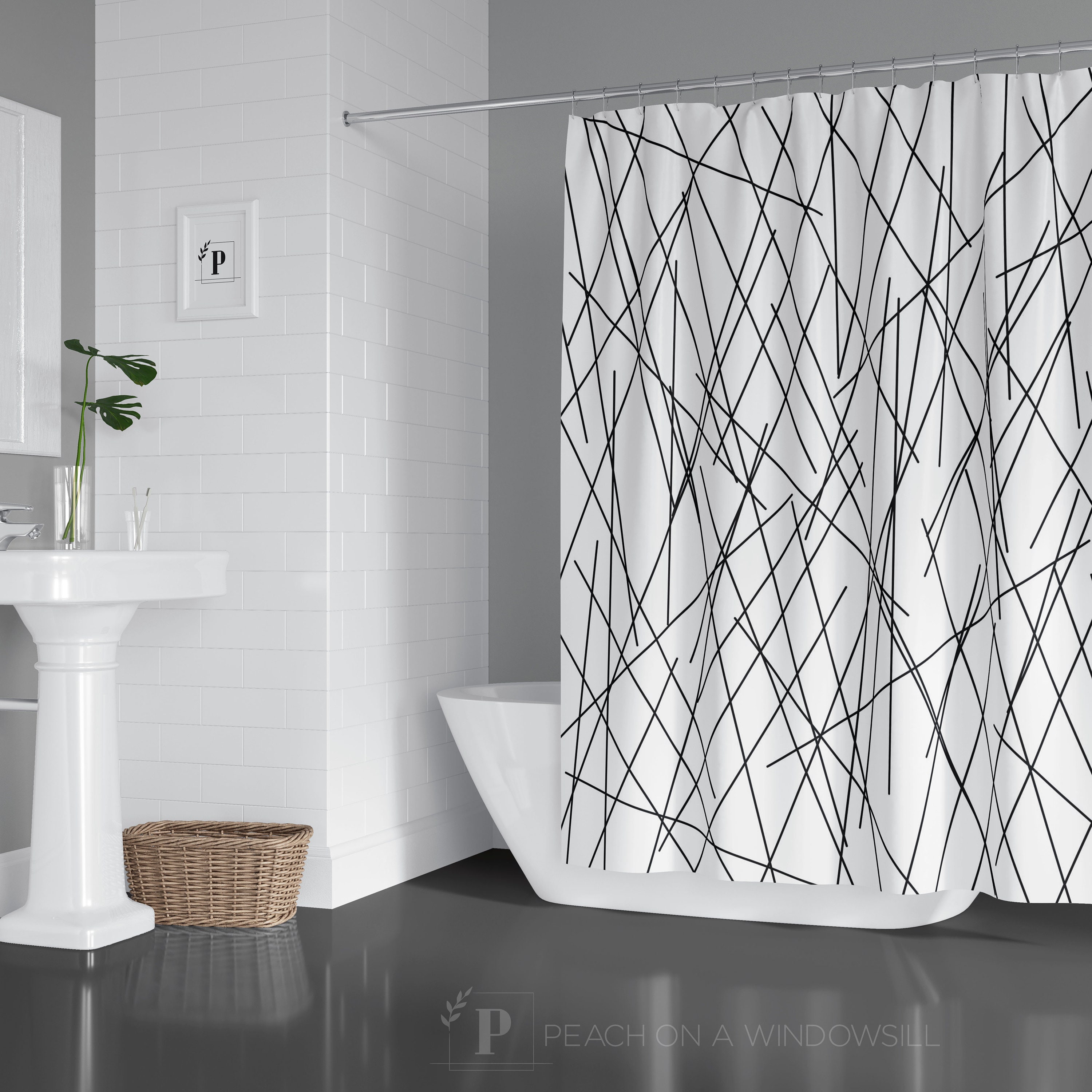 Artistic Post Modern Abstract Shower Curtain Line Art Pattern Bathroom Curtain for Modern Black and White Bath Decor