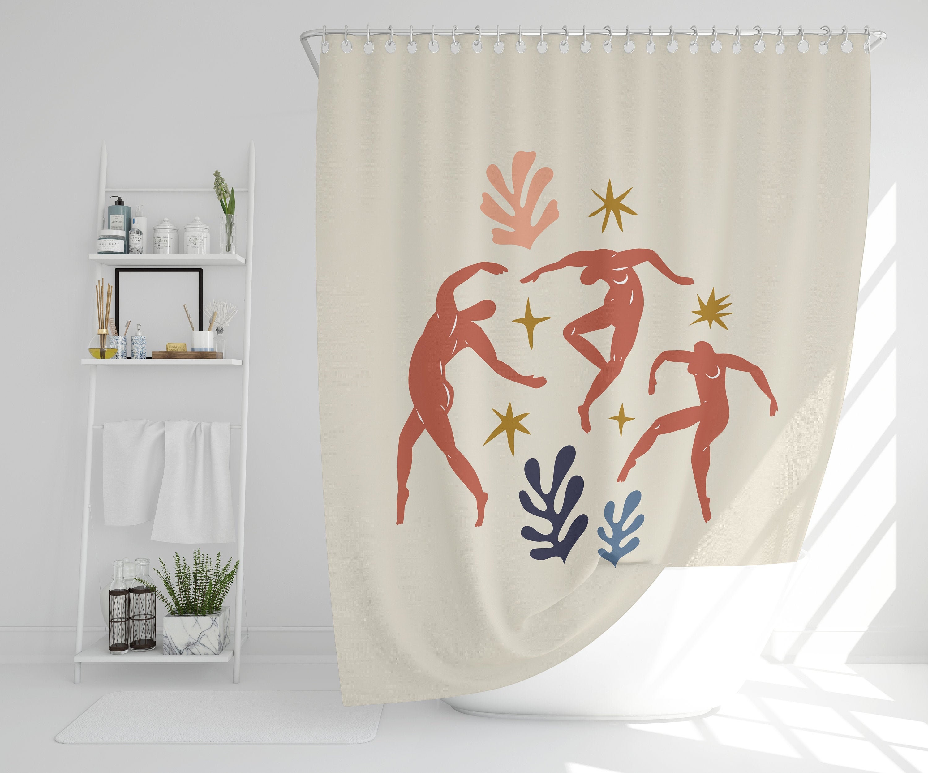 Artistic and Nature Inspired Boho Shower Curtain - Featuring Matisse Style Moon and Abstract Design - Image 3