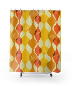 Astro Starburst Geometric Yellow and Orange Retro Shower Curtain for a Space Age Bathroom
