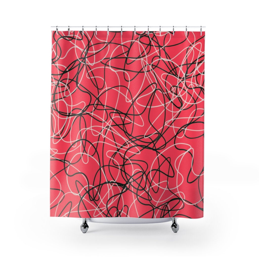 Atomic Age Inspired Red Boomerang Design Shower Curtain - Durable Polyester Material