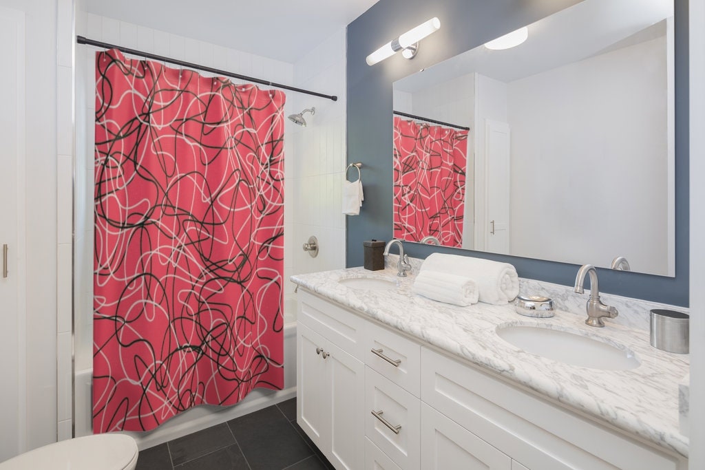 Atomic Age Inspired Red Boomerang Design Shower Curtain - Durable Polyester Material - Image 2