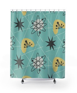 Atomic Boomerang Mid Century Modern Shower Curtain | Retro Teal Shower Curtain | 1960s Bathroom Decor | MCM Style