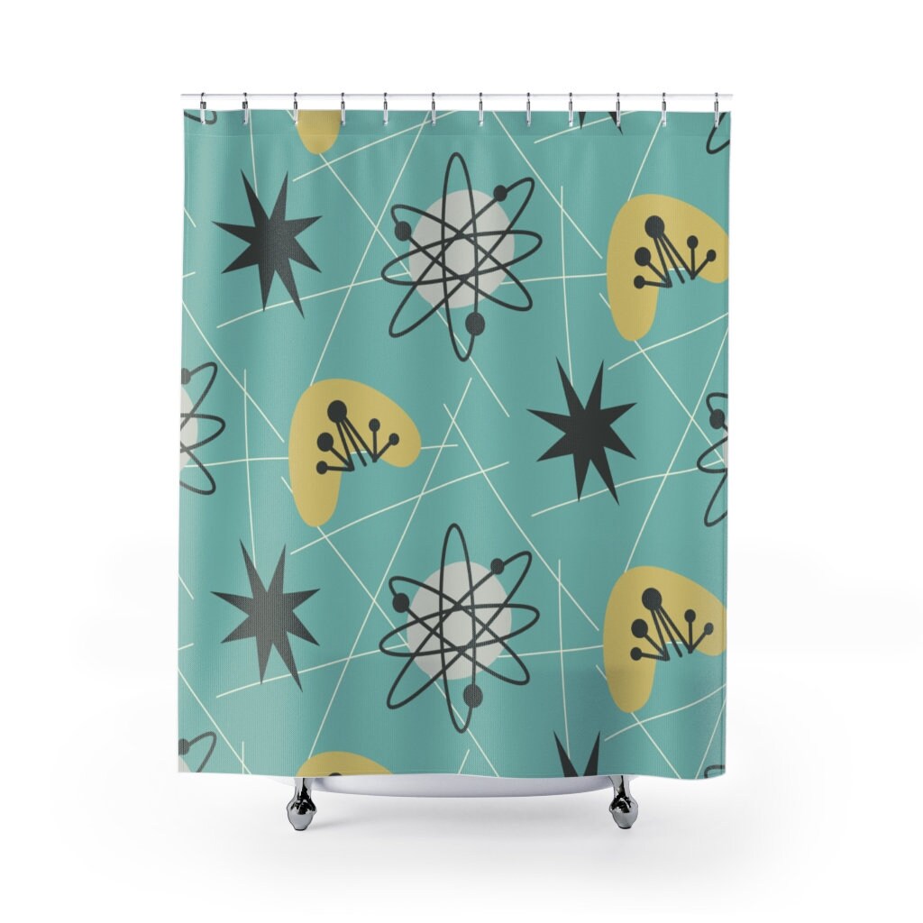 Atomic Boomerang Mid Century Modern Shower Curtain | Retro Teal Shower Curtain | 1960s Bathroom Decor | MCM Style