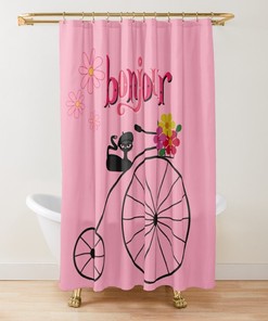 Atomic Cat Bonjour Shower Curtain - Whimsical Retro 50's Pink Daisy and Tricycle Design