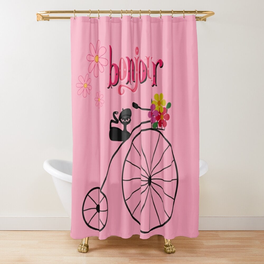 Atomic Cat Bonjour Shower Curtain - Whimsical Retro 50's Pink Daisy and Tricycle Design