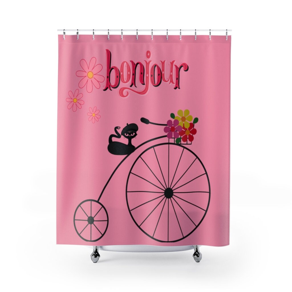 Atomic Cat Bonjour Shower Curtain - Whimsical Retro 50's Pink Daisy and Tricycle Design - Image 2