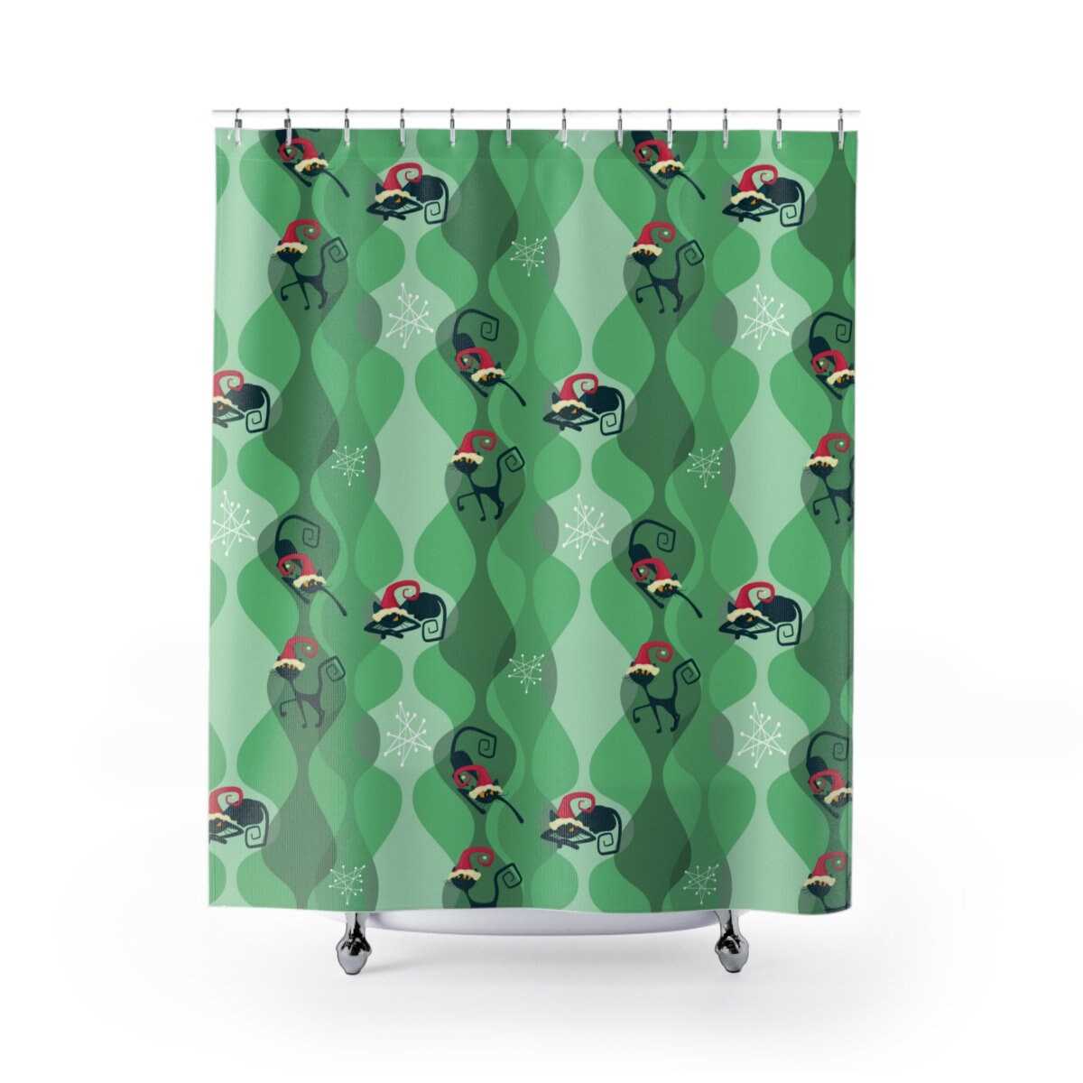 Atomic Cat Christmas Shower Curtain | Retro Cute Christmas Decor | MCM Style for your Bathroom