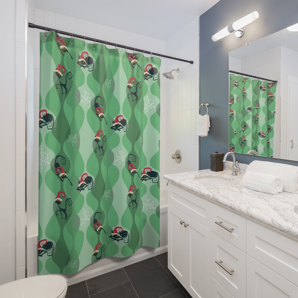 Atomic Cat Christmas Shower Curtain | Retro Cute Christmas Decor | MCM Style for your Bathroom - Image 2