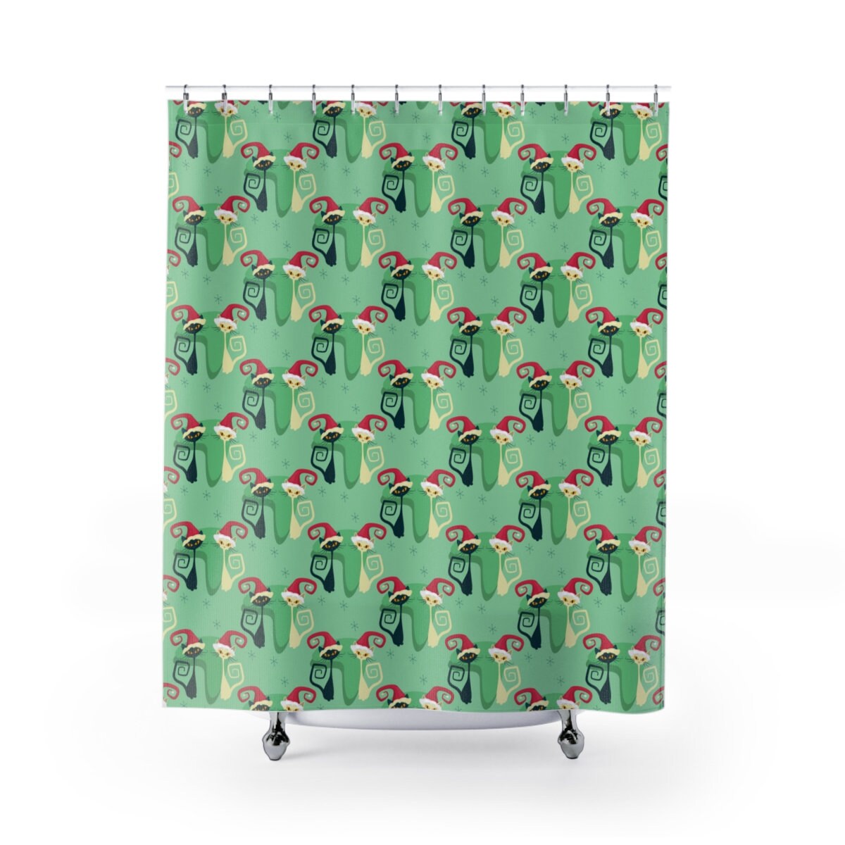 Atomic Cat Christmas Shower Curtain | Retro Cute Christmas Decor for your Bathroom | MCM Style | Indoor Decor