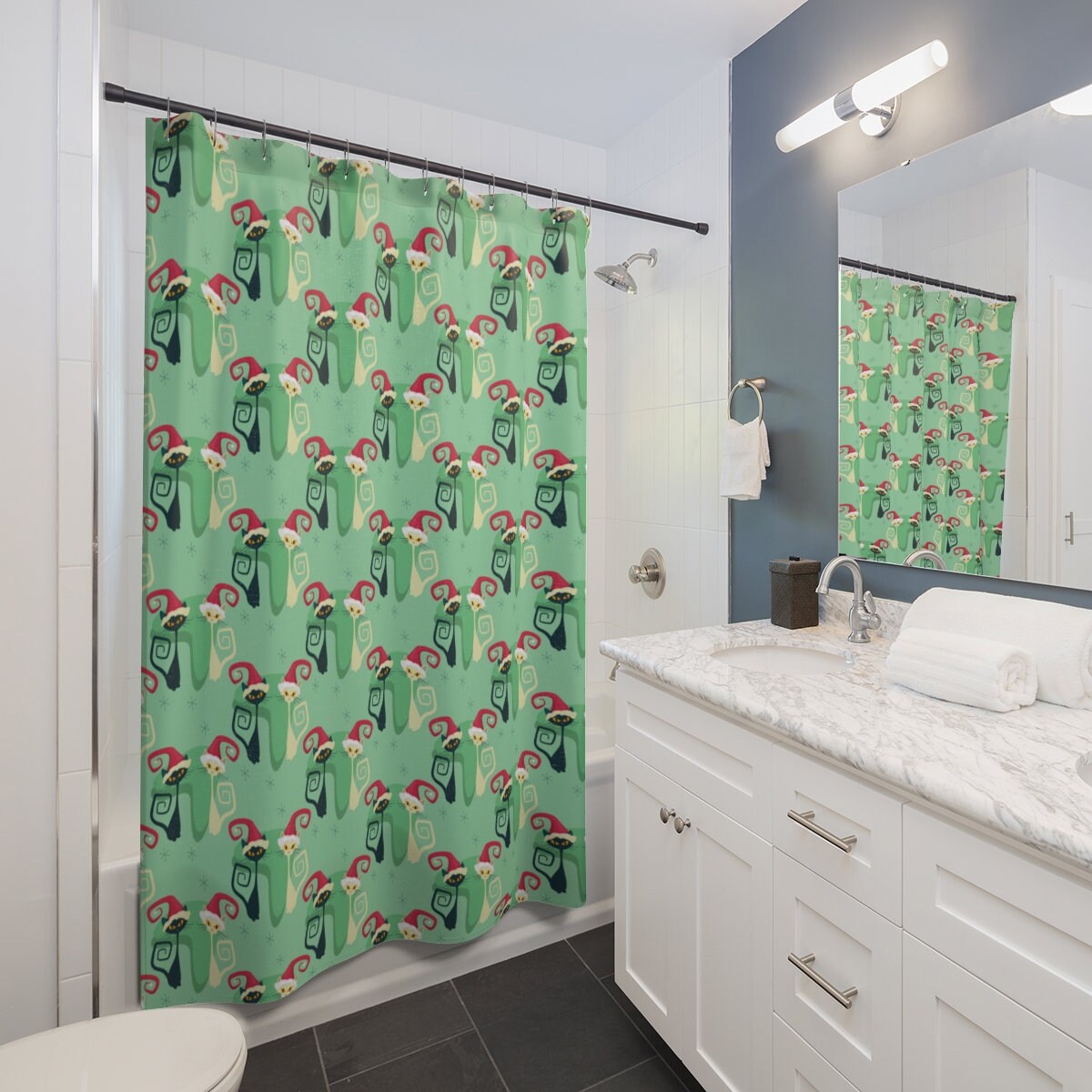 Atomic Cat Christmas Shower Curtain | Retro Cute Christmas Decor for your Bathroom | MCM Style | Indoor Decor - Image 2