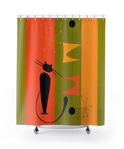 Atomic Cat Green and Yellow Retro Mid Century Modern Shower Curtain for a Chic Bathroom
