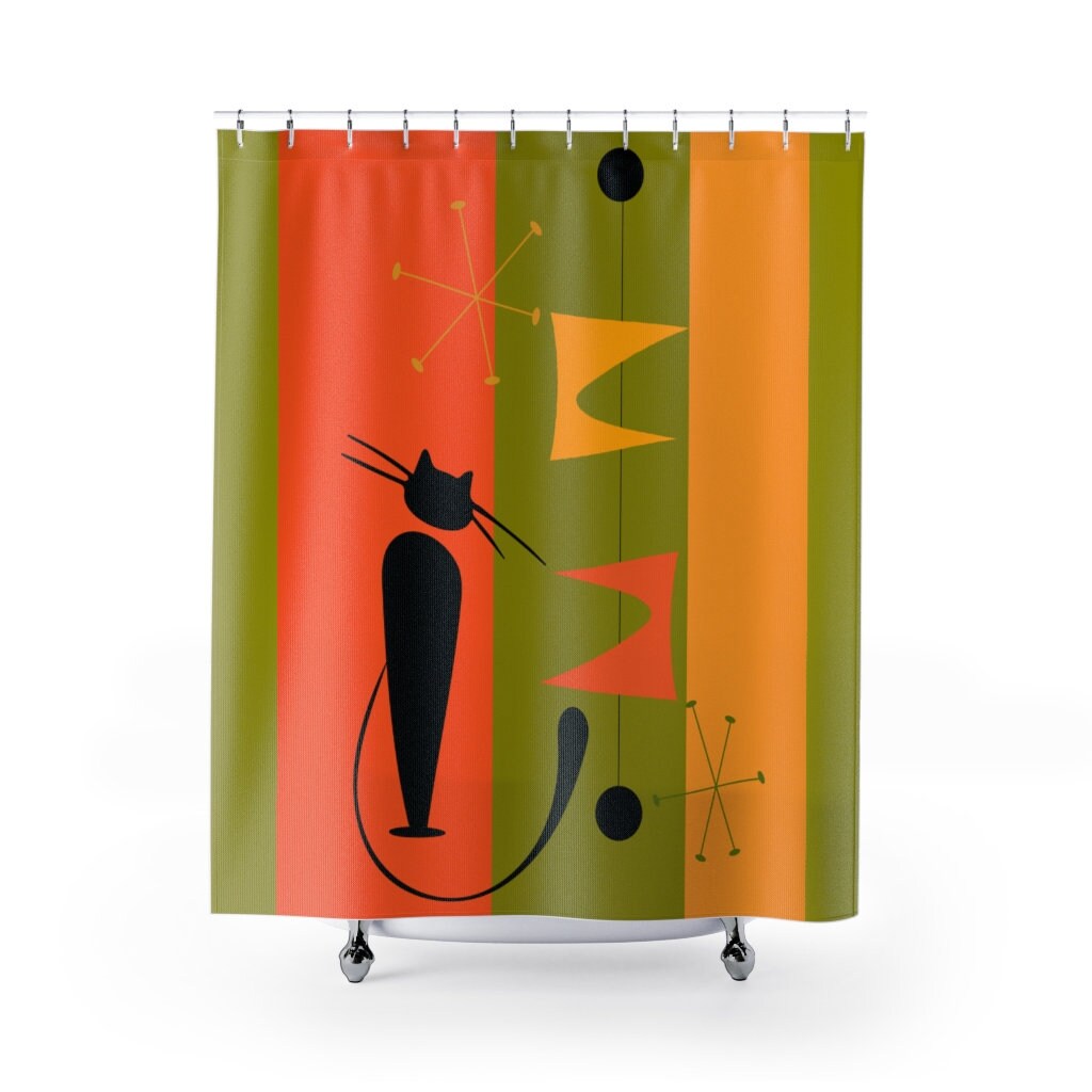 Atomic Cat Green and Yellow Retro Mid Century Modern Shower Curtain for a Chic Bathroom