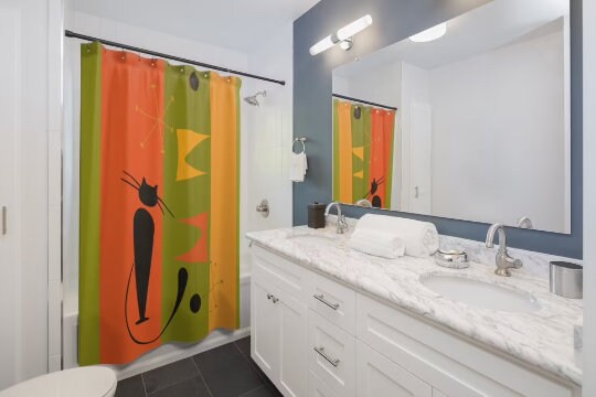 Atomic Cat Green and Yellow Retro Mid Century Modern Shower Curtain for a Chic Bathroom - Image 3