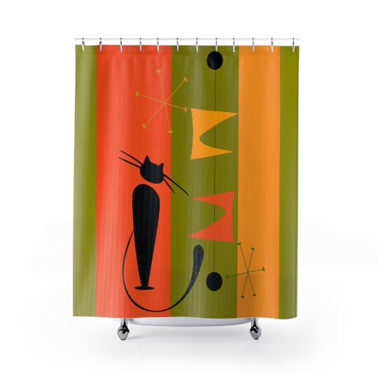 Atomic Cat Green and Yellow Retro Mid Century Modern Shower Curtain for a Chic Bathroom - Image 4