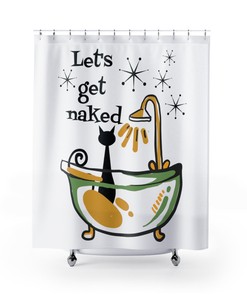 Atomic Cat Let's Get Naked Shower Curtain - Whimsical and Funny Retro Design for Cat Lovers