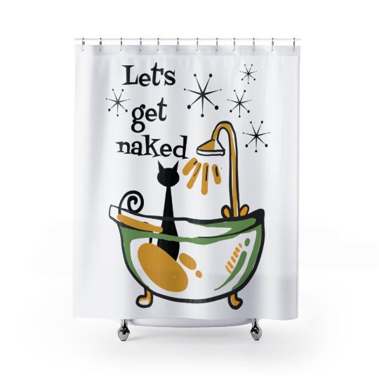 Atomic Cat Let's Get Naked Shower Curtain - Whimsical and Funny Retro Design for Cat Lovers - Image 3