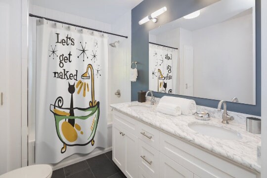 Atomic Cat Let's Get Naked Shower Curtain - Whimsical and Funny Retro Design for Cat Lovers - Image 4