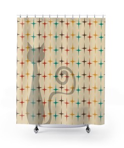 Atomic Cat Retro Starburst Teal, Yellow, Brown, Beige, and Burnt Red Mid Century Modern Shower Curtain