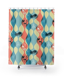 Atomic Cat Shower Curtain | Blue Mid Century Modern Bathroom Decor | Guest Bath Accessory | Restroom Shower Curtains