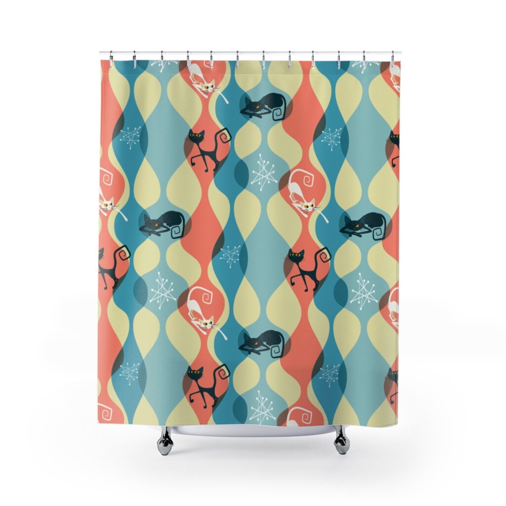 Atomic Cat Shower Curtain | Blue Mid Century Modern Bathroom Decor | Guest Bath Accessory | Restroom Shower Curtains