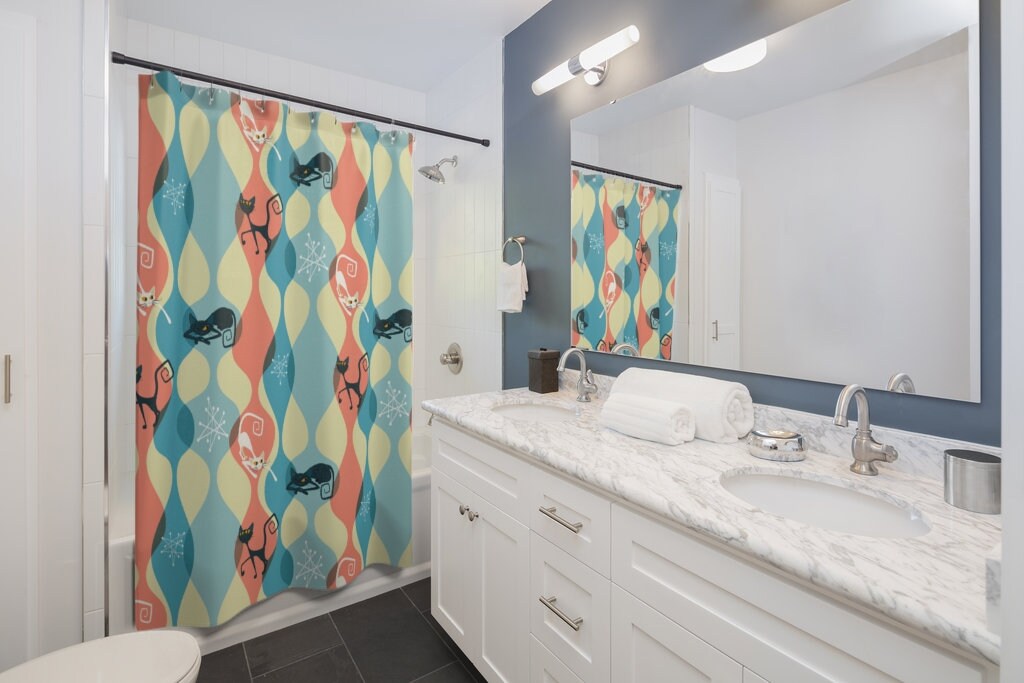 Atomic Cat Shower Curtain | Blue Mid Century Modern Bathroom Decor | Guest Bath Accessory | Restroom Shower Curtains - Image 2