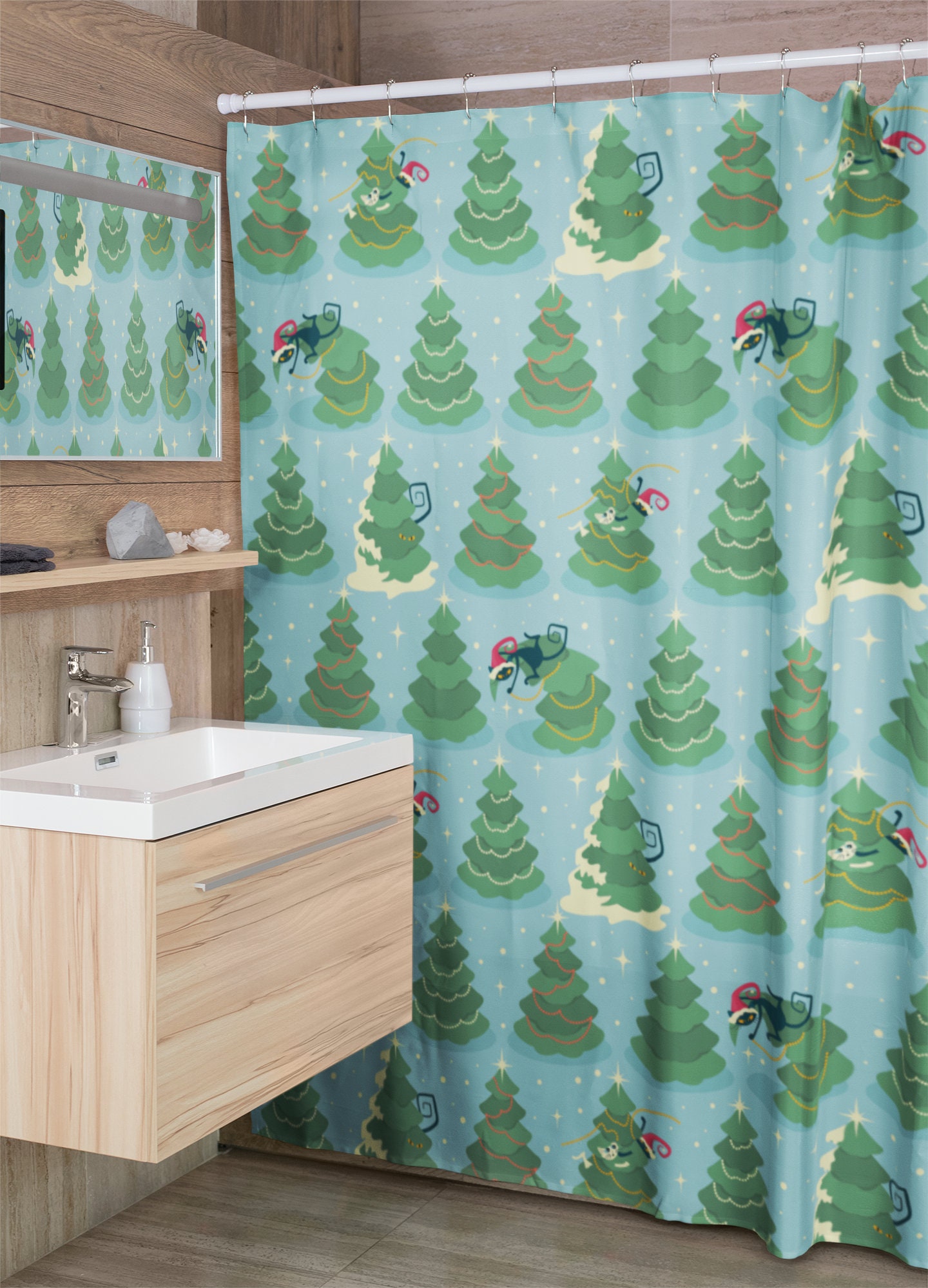 Atomic Christmas Shower Curtain, Mid Century Modern Bathroom Decor, Home Gift For Holidays
