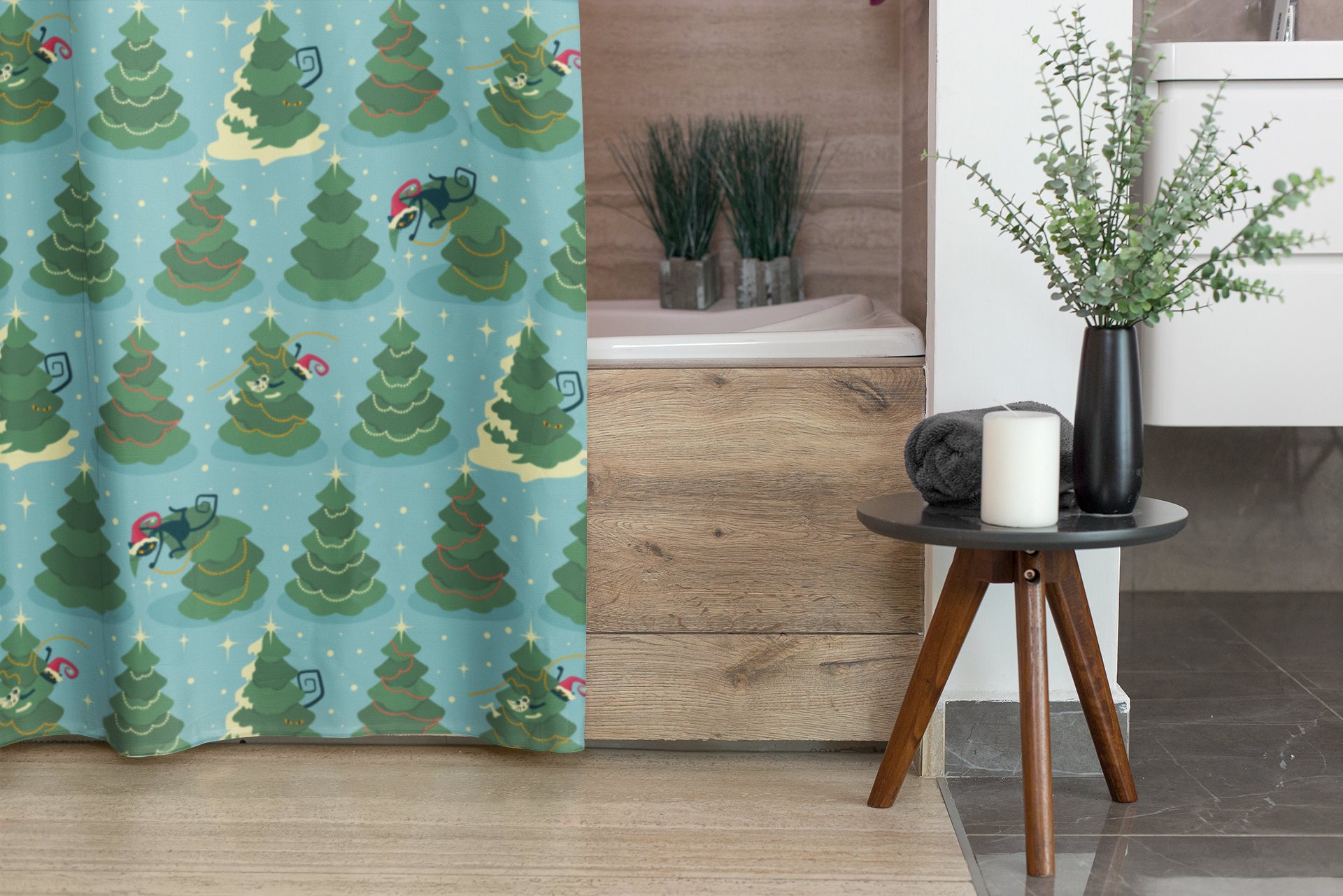 Atomic Christmas Shower Curtain, Mid Century Modern Bathroom Decor, Home Gift For Holidays - Image 4
