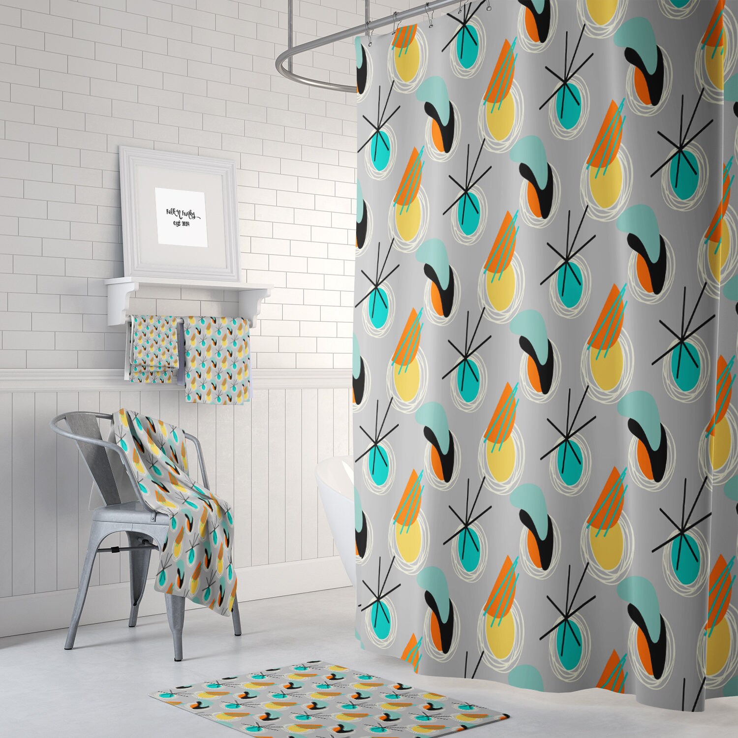 Atomic Gray Mid Century Modern Shower Curtain Set with Towels and Bath Mat
