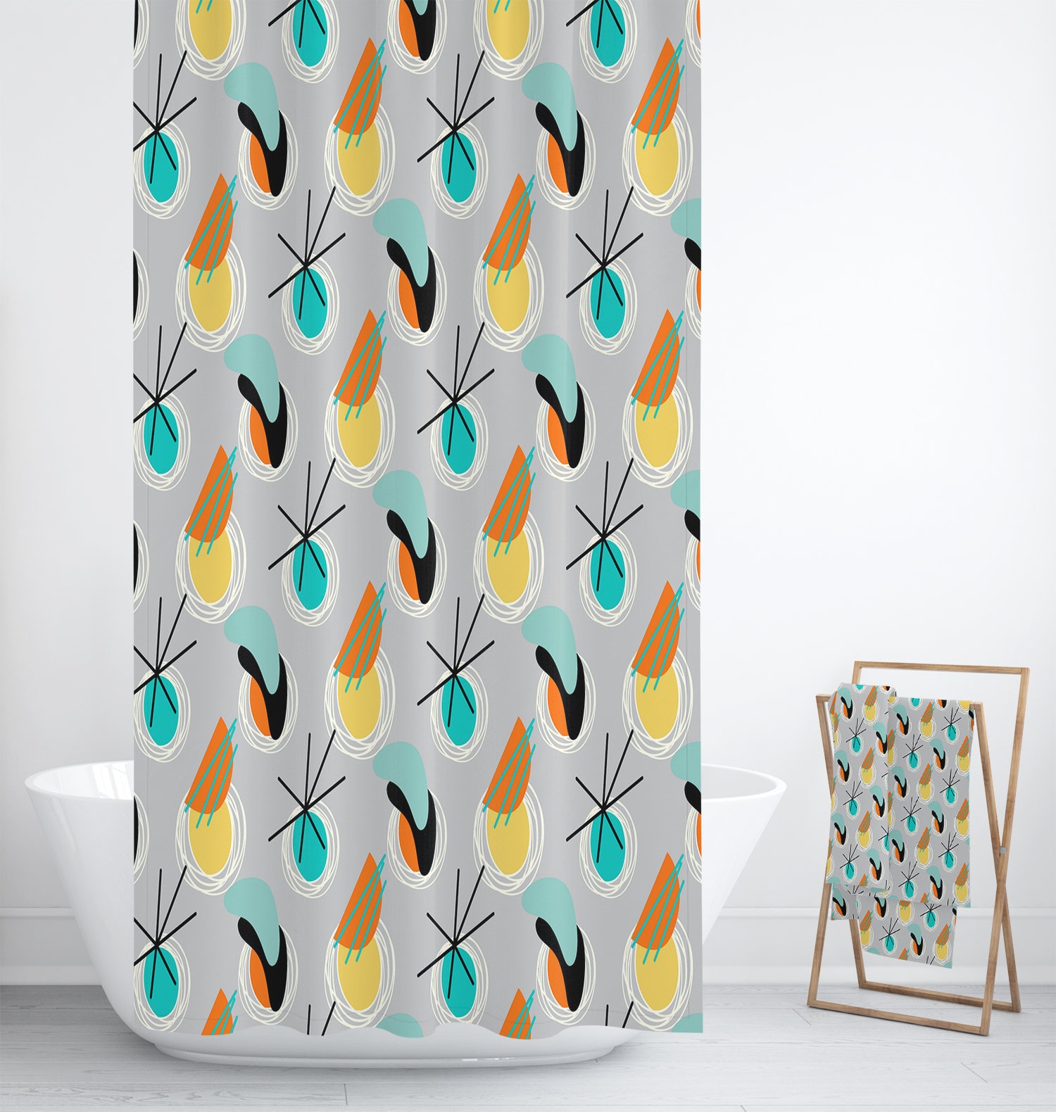 Atomic Gray Mid Century Modern Shower Curtain Set with Towels and Bath Mat - Image 2