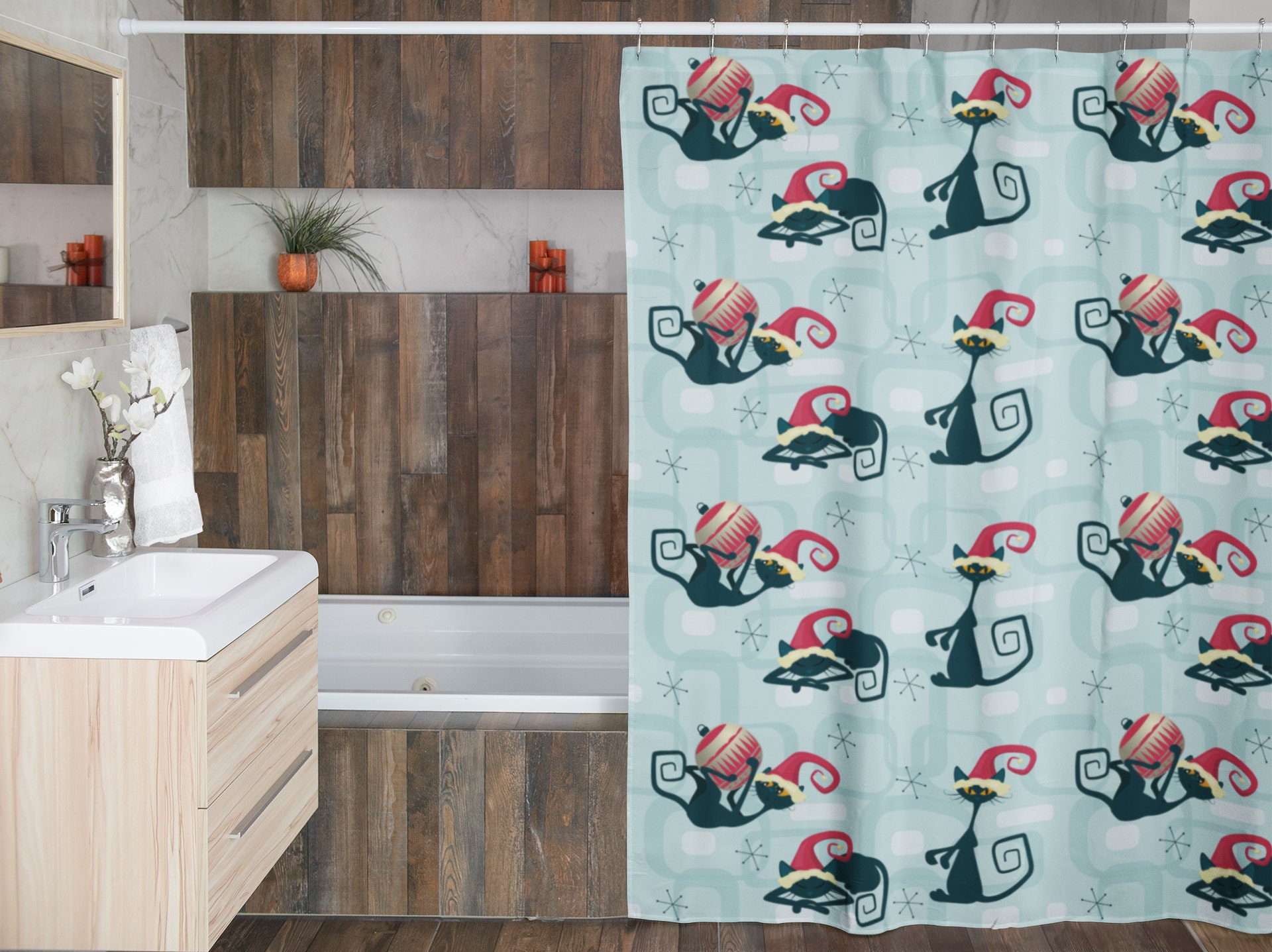 Atomic Kitty Christmas Shower Curtain, Retro Bathroom Accessory with Modern Flair for Festive Bath
