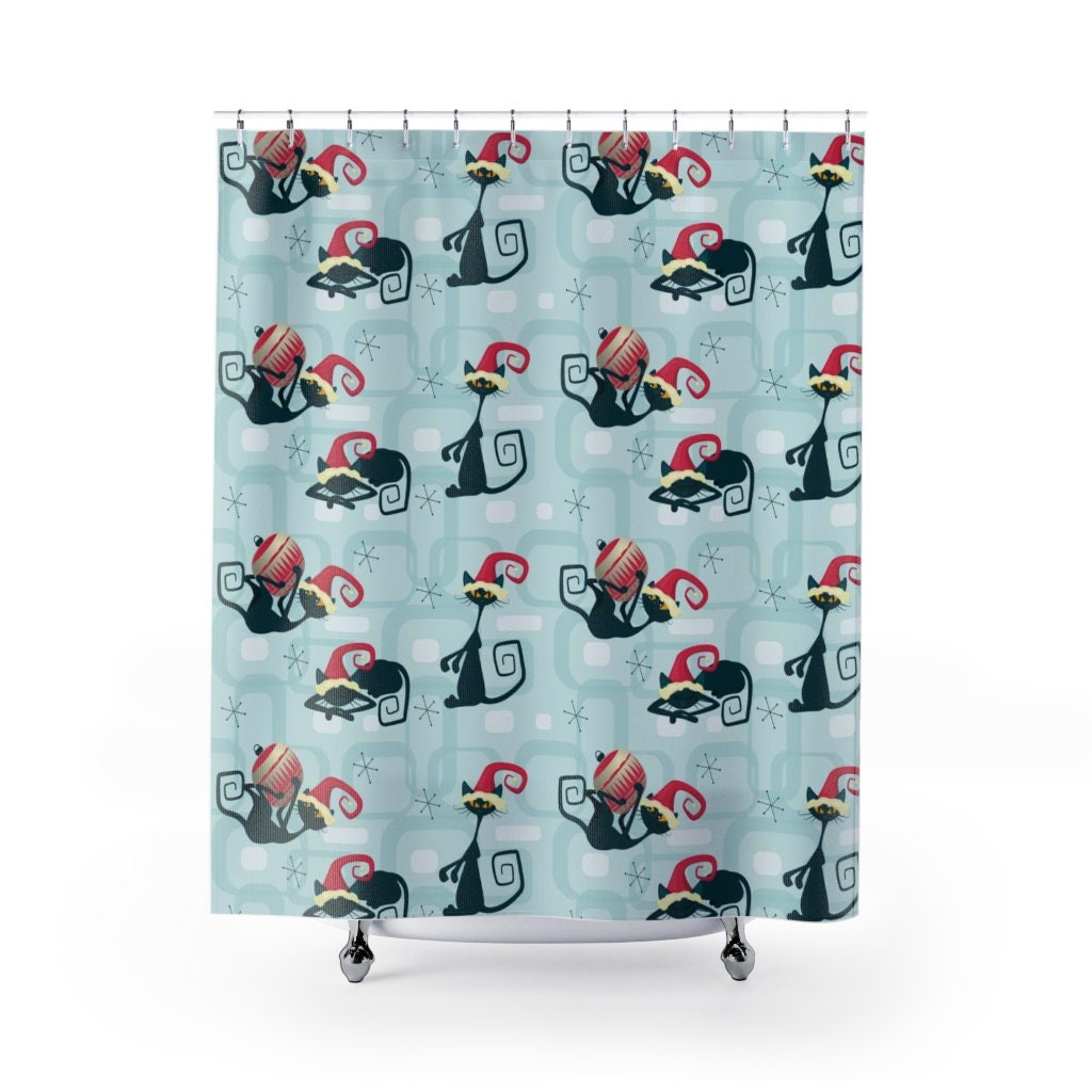 Atomic Kitty Christmas Shower Curtain, Retro Bathroom Accessory with Modern Flair for Festive Bath - Image 2