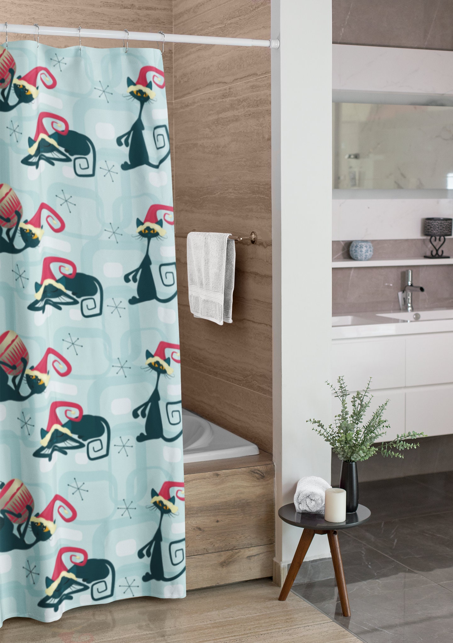 Atomic Kitty Christmas Shower Curtain, Retro Bathroom Accessory with Modern Flair for Festive Bath - Image 4
