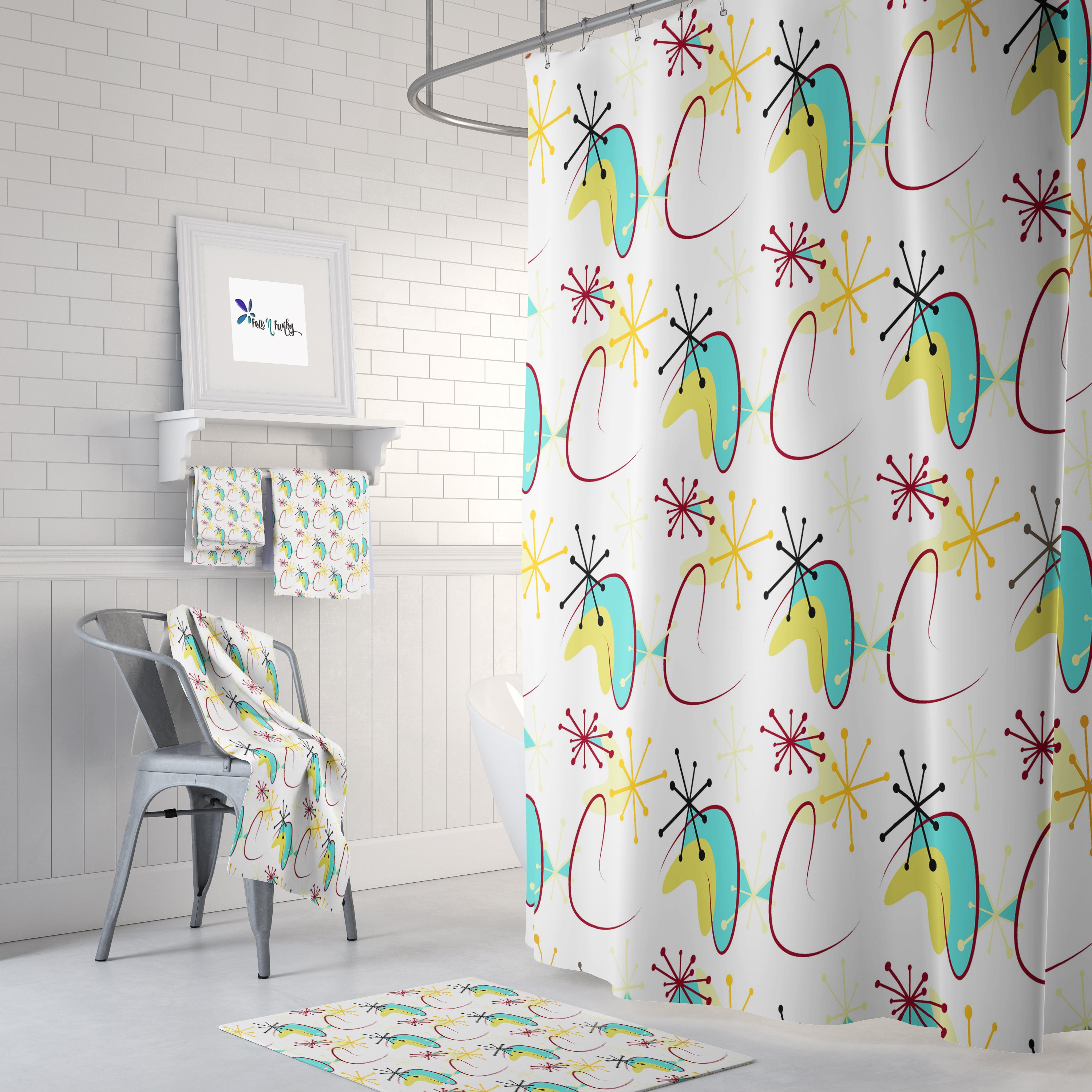 Atomic Mid Century Modern Patterns Shower Curtain Set - Matching Towels and Bath Mat Included