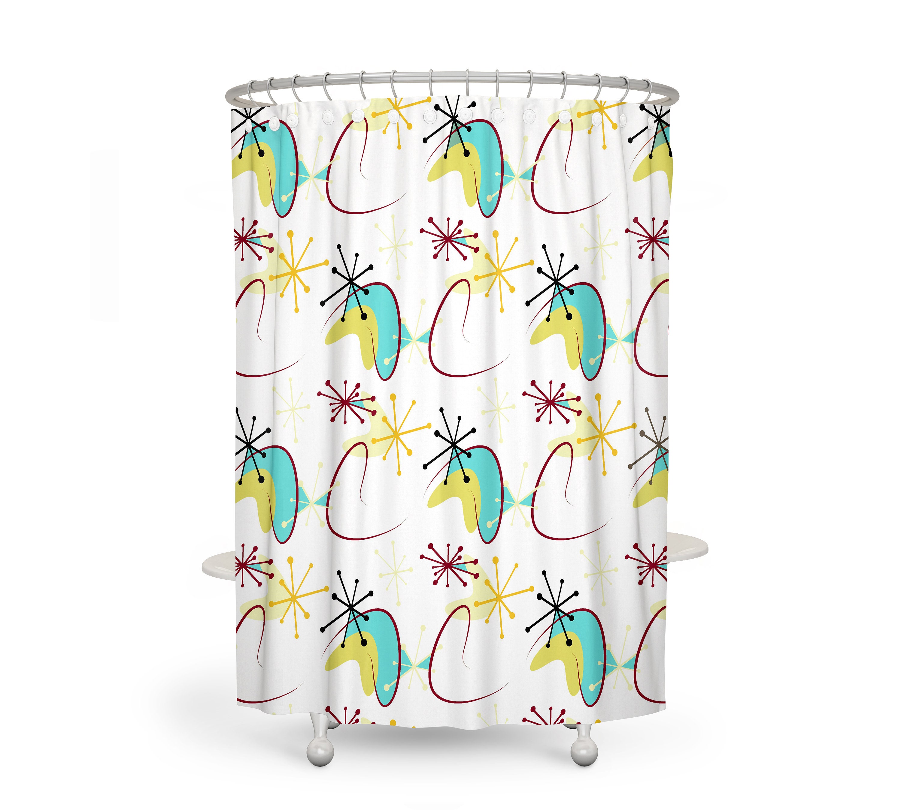 Atomic Mid Century Modern Patterns Shower Curtain Set - Matching Towels and Bath Mat Included - Image 2