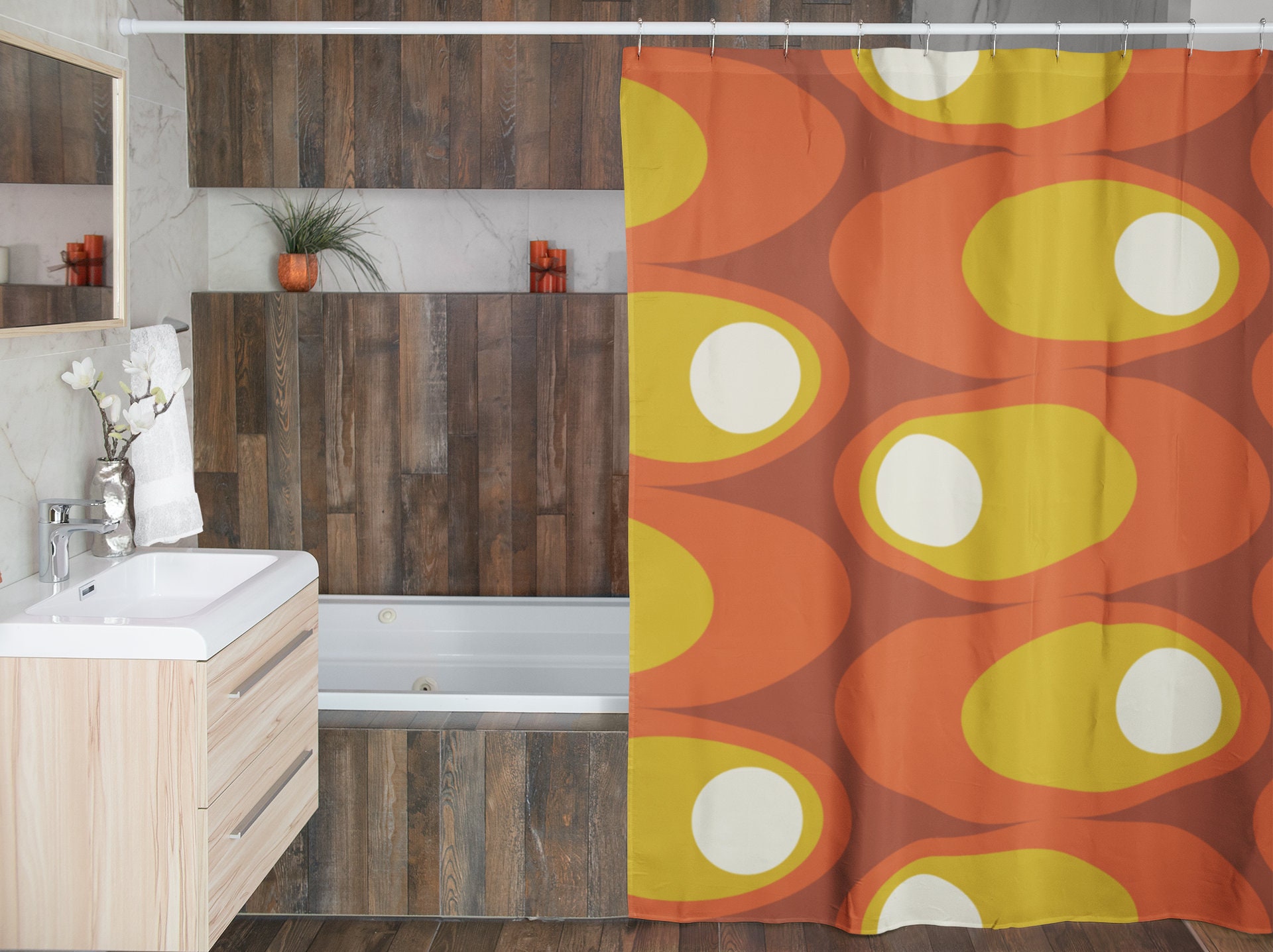 Atomic Star Shower Curtain, Mid Century Modern Bathroom Decor, Retro Bathroom Accessory - Image 4