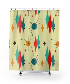 Atomic Starburst Diamond Mid Century Modern Shower Curtain - Durable Polyester for Retro Atomic Age Bathroom Decor