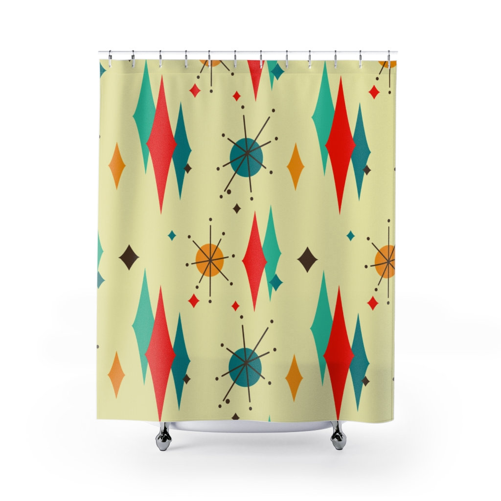 Atomic Starburst Diamond Mid Century Modern Shower Curtain - Durable Polyester for Retro Atomic Age Bathroom Decor