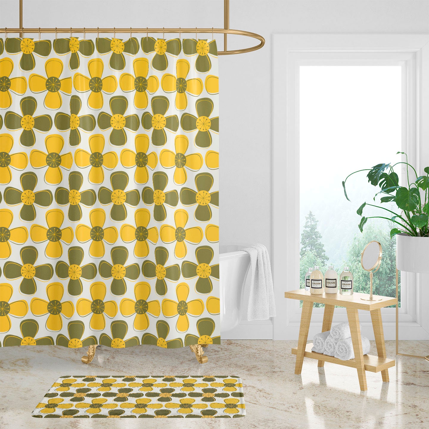 Avocado Green Floral Shower Curtain: Retro Mid Century Modern - Image 2