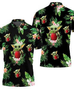 Baby Yoda Hugging Apples Seamless Tropical Green Leaves on Black Polo Shirt